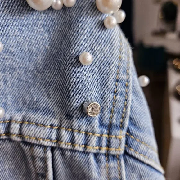 Medium Wash Pearl and Diamond Embellished Denim Jacket - Picture 4 of 6
